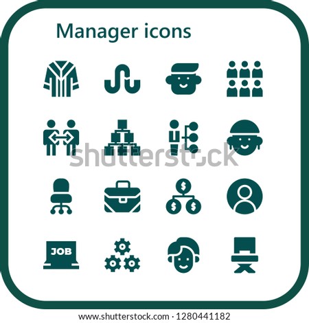  manager icon set. 16 filled manager icons. Simple modern icons about  - Uniform, Stumbleupon, Avatar, Team, Cooperation, Hierarchical structure, Skills, Desk chair, Briefcase