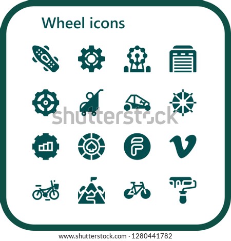  wheel icon set. 16 filled wheel icons. Simple modern icons about  - Skateboard, Setting, Ferris wheel, Garage, Settings, Stroller, Buggy, Steering wheel, Gear, Casino, Flipdrive