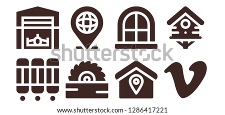  home icon set. 8 filled home icons. Simple modern icons about  - Room divider, Hangar, Saw, Location, Window, Vimeo, Bird house