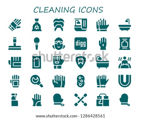 cleaning icon set. 30 filled cleaning icons. Simple modern icons about  - Gloves, Garbage, Dental, Bath, Glass cleaner, Enema, Maid, Digg, Glove, Wipes, Sponge, Cleaning spray