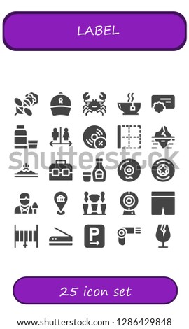  label icon set. 25 filled label icons. Simple modern icons about  - Bee, Ribbon, Crab, Tea, Reward, Syrup, Wc, Vynil, Border, Iceberg, Mountain, Case, Vinyl, Badge, Reporter