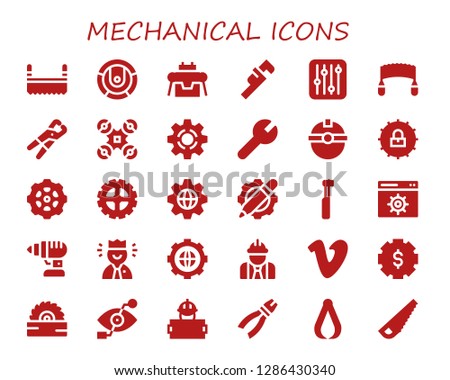  mechanical icon set. 30 filled mechanical icons. Simple modern icons about  - Saw, Robot, Wrench, Settings, Pliers, Drone, Setting, Worker, Gear, Electric toothbrush, Drill, Vimeo