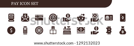 pay icon set. 18 filled pay icons. Simple modern icons about  - Cash register, Money, Card, Bitcoin, Payment, Reddit, Gift card, Coin, Payment terminal, Transfer