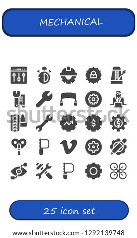  mechanical icon set. 25 filled mechanical icons. Simple modern icons about  - Settings, Stop watch, Cogwheel, Metronome, Wrench, Saw, Worker, Suspension, Gear, Automaton, Vimeo