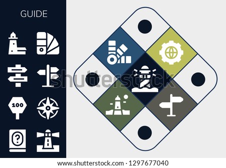 guide icon set. 13 filled guide icons. Simple modern icons about  - Lighthouse, Manual, Road sign, Windrose, Direction sign, Split point, Pantone, Options, Signpost