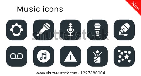  music icon set. 10 filled music icons. Simple modern icons about  - Tambourine, Microphone, Voice message, Itunes, Alert, Confetti