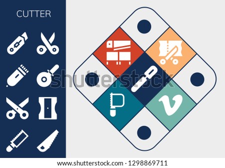  cutter icon set. 13 filled cutter icons. Simple modern icons about  - Peeler, Saw, Scissors, Sharpener, Electric razor, Pizza cutter, Vimeo