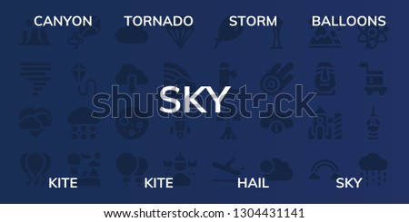 sky icon set. 32 filled sky icons. on blue background style Simple modern icons about  - Canyon, Tornado, Storm, Balloons, Kite, Hail, Sky, Cloud, Full moon, Parachute, Rainbow