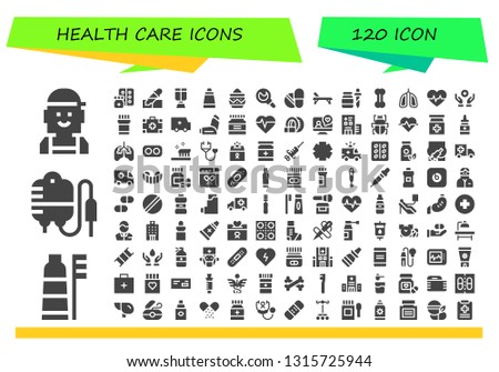 health care icon set. 120 filled health care icons.  Collection Of - Checker, Toothbrush, Transfusion, Medicine, Pipette, Oxygen mask, Ointment, Powder, Enema, Pills, Stretcher