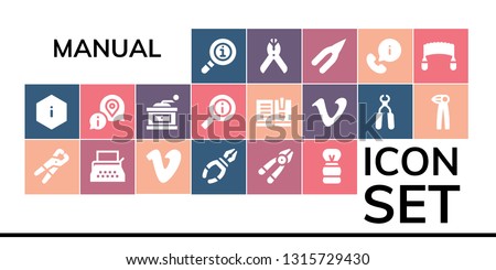 manual icon set. 19 filled manual icons.  Simple modern icons about  - Info, Information, Pliers, Typewriter, Vimeo, Plier, Shaving brush, Grinder, Manual, Saw