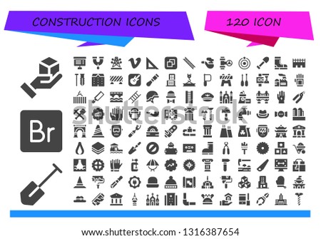 construction icon set. 120 filled construction icons.  Collection Of - Cube, Shovel, Bridge, Project, Pipe, Electric tower, Vimeo, Set square, Size, Ladder, Atom, Boots, Screw