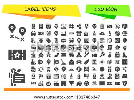 label icon set. 120 filled label icons.  Collection Of - Destination, Speech, Ticket, Gps, Road, Sale, Lighthouse, Wheat, Wine bottle, Location, Coding, No phone, Ribbon, Safety