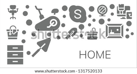 home icon set. 11 filled home icons.  Collection Of - Chair, Stationary bike, Bucket, Trowel, Cabinet, Sink, Skype, Mirror, Painting, Paint roller