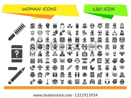woman icon set. 120 filled woman icons.  Simple modern icons about  - Comb, Eyeliner, Customer service, Woman, Call center, Head, Clothes, Hairstyle, Stumbleupon, Skirt, Maid