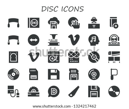 disc icon set. 30 filled disc icons.  Collection Of - Saw, Vinyl, Diskette, DJ, Cd, Team viewer, Phonograph, Vimeo, Music, Hard drive, Turntable, Sd card, Disqus, Compact disc