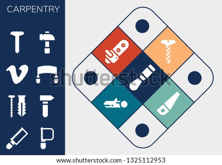 carpentry icon set. 13 filled carpentry icons.  Collection Of - Chisel, Saw, Screw, Hammer, Vimeo, Chainsaw, Wood