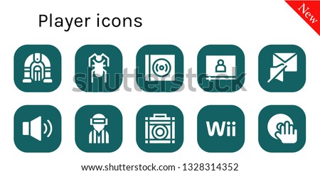 player icon set. 10 filled player icons.  Simple modern icons about  - Jukebox, Cricket, Vinyl, Video, Mute, Volume, Player, Amplifier, Wii, DJ