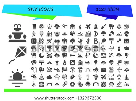 sky icon set. 120 filled sky icons.  Simple modern icons about  - Fountain, Sunrise, Kite, Spacing, Scenic Illumination, Plane, Cloud, Take off, Rain, Fernsehturm berlin, Rocket