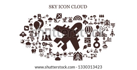 sky icon set. 93 filled sky icons.  Simple modern icons about  - Plane, Seagull, Bold, Kite, Fountain, Rainbow, Take off, Falling debris, Sunrise, Rain, Night, Weather, Dune, Hang gliding