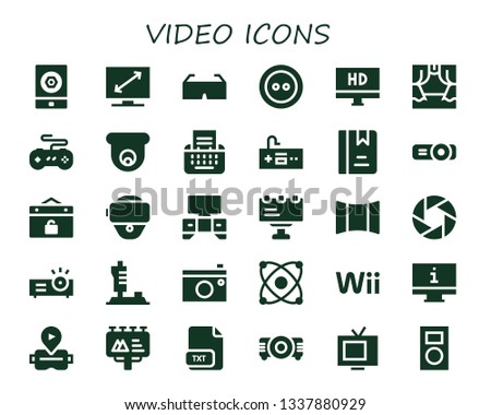 video icon set. 30 filled video icons.  Simple modern icons about  - Event, Television, 3d glasses, Button, Hd, Scene, Joystick, Cctv, Type, Gamepad, Album, Projector, Vr glasses