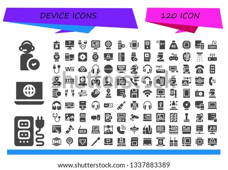 device icon set. 120 filled device icons.  Simple modern icons about  - Operator, Socket, Laptop, Harddrive, Computer, Charge, 3d print, Cam, Usb, Cpu, Fridge, Weight, Responsive