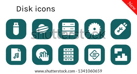 disk icon set. 10 filled disk icons.  Simple modern icons about  - Pendrive, Yandex disk, Server, Saw, Audio file, DJ, Spark page, Tetris