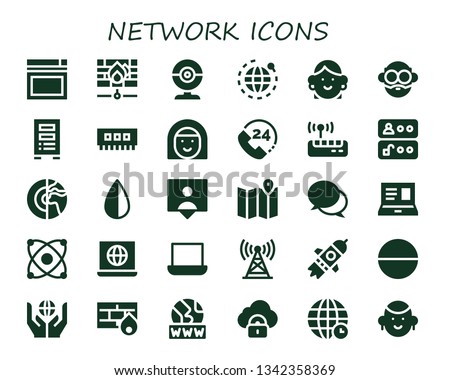 network icon set. 30 filled network icons.  Simple modern icons about  - Website, Firewall, Webcam, World, Avatar, Server, Ram, Call, Wifi, Access, Planet, Negative, Followers