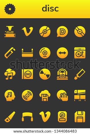 disc icon set. 26 filled disc icons.  Collection Of - Phonograph, Saw, Vimeo, Compact disc, Disqus, Vinyl, Team viewer, Turntable, Music, DJ, Diskette, Hdd, Floppy disk