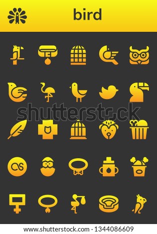 bird icon set. 26 filled bird icons.  Collection Of - Parrot, Peacock, Collar, Bird cage, Owl, Dove, Flamingo, Twitter, Toucan, Feather, Veterinary, Hedgehog, Chicken, Lastfm