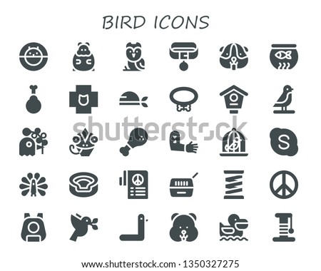 bird icon set. 30 filled bird icons.  Collection Of - Hamster ball, Hamster, Owl, Collar, Fish bowl, Chicken, Veterinary, Pirate, Bird house, Pigeon, Chameleon, Tattoo, Dove