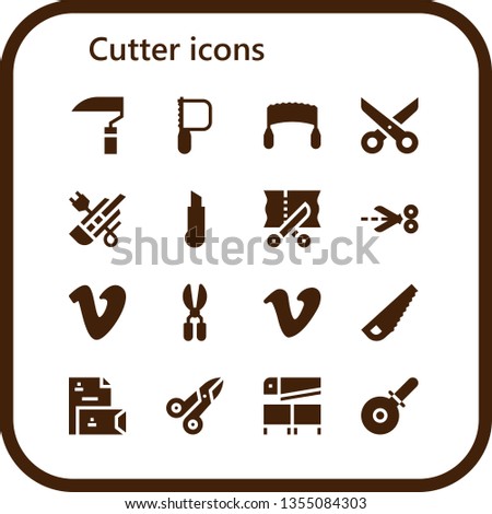 cutter icon set. 16 filled cutter icons.  Collection Of - Scythe, Saw, Scissors, Cutter, Vimeo, Stationery, Pizza