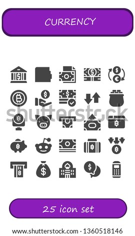 currency icon set. 25 filled currency icons.  Collection Of - Bank, Wallet, Money, Exchange, Bitcoin, Payment, Transfer, Gold, Pig, Atm, Piggy bank, Reddit, Money bag, Casino
