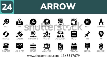 arrow icon set. 24 filled arrow icons.  Simple modern icons about  - File, Mail, Navigation, Worldwide, Map, Angle, Next, Compass, Recycle, Measure, Processing, Vector, Menu, Pin