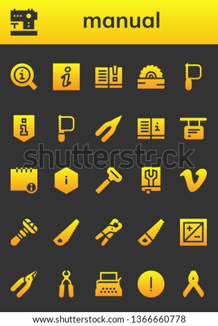 manual icon set. 26 filled manual icons.  Simple modern icons about  - Information, Sewing machine, Manual, Saw, Pliers, Info, Razor, Vimeo, Exposure, Typewriter, Advise