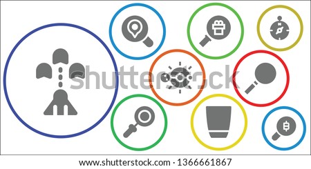 exploration icon set. 9 filled exploration icons.  Collection Of - Spaceship, Search, Magnifying glass, Glass, Solar system, Loupe, Compass