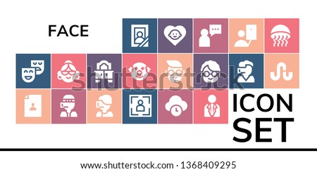 face icon set. 19 filled face icons.  Collection Of - Portrait, Theatre, User, Call center, Time, Businessman, Avatar, Mirror, Clown, Boy, Grandmother, Stumbleupon, Baby, Selfie