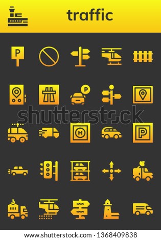 traffic icon set. 26 filled traffic icons.  Collection Of - Parking, Control tower, Forbbiden, Road sign, Helicopter, Railway, Gps, Motorway, Signpost, Electric car, Delivery truck