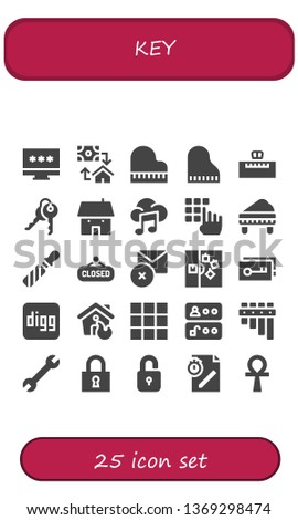 key icon set. 25 filled key icons.  Collection Of - Password, Mortgage, Piano, Keys, House, Music, File, Closed, Delete, Note, Key, Digg, Keypad, Access, Flute, Wrench, Lock, Unlock
