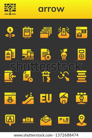 arrow icon set. 26 filled arrow icons.  Collection Of - Growth, Firewall, Electrical, Browser, Server, Menu, Screens, Document, Goal, Music player, Login, File, Slide, Vector