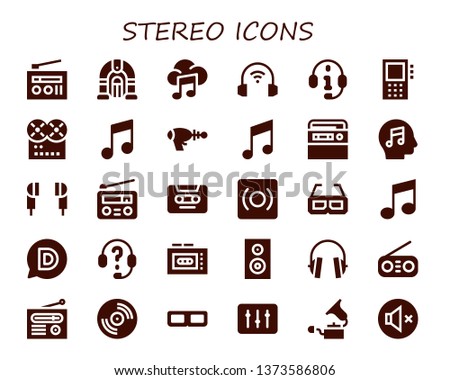 stereo icon set. 30 filled stereo icons.  Collection Of - Radio, Jukebox, Music, Headphones, Dictaphone, Blaster, Earphones, Cassette, Record, 3d glasses, Disqus, Recorder, Woofer