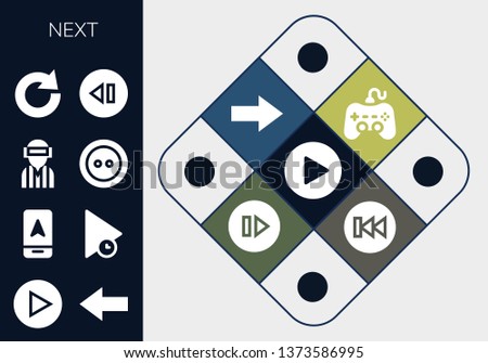 next icon set. 13 filled next icons.  Collection Of - Play, Back, Arrow, Player, Button, Redo, Skip, Next, Previous