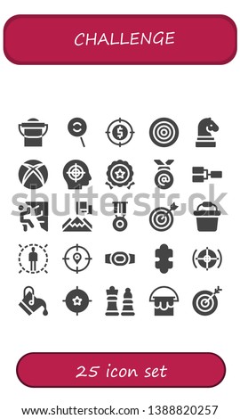 challenge icon set. 25 filled challenge icons.  Simple modern icons about  - Bucket, Dodge, Target, Dartboard, Chess, Xbox, Medal, Competition, Climbing, Achievement, Champion belt