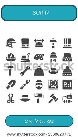 build icon set. 25 filled build icons.  Collection Of - Helmet, Hat, Hammer, Dump truck, Wrench, Trowel, Ripper, 3d printing scanner, Phonegap build, Tool, Roller, Plumb bob