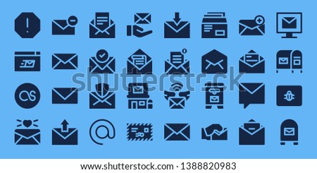 e-mail icon set. 32 filled e-mail icons. on blue background style Simple modern icons about  - Spam, Mailing, Lastfm, Email, Mail, Arroba, Post office, Envelope, Mail box, Private message