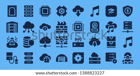 server icon set. 32 filled server icons. on blue background style Simple modern icons about  - Hard drive, Server, Cloud computing, Database, Cpu, Cloud, Firewall, Storage, Modem