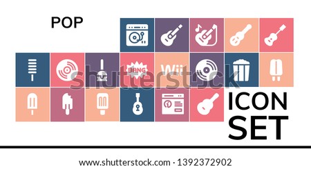 pop icon set. 19 filled pop icons.  Simple modern icons about  - Turntable, Popsicle, Guitar, Pop up, Vinyl, Cake Comic, Wii, Popcorn, Acoustic guitar
