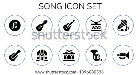 song icon set. 10 filled song icons.  Simple modern icons about  - Itunes, Guitar, Jukebox, Drum, French horn, Sing, Jazz