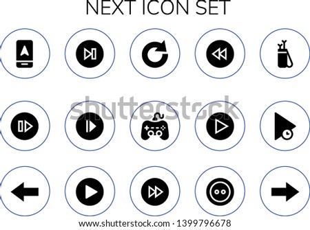 next icon set. 15 filled next icons.  Collection Of - Arrow, Skip, Next, Play, Redo, Backward, Back, Forwards, Button