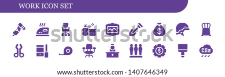 work icon set. 18 filled work icons.  Collection Of - Drill, Iron, Office chair, Wash, Painting, Shovel, Money bag, Helmet, Chair, Tool, Configuration, Tape measure, Desk chair