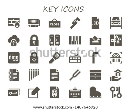 key icon set. 30 filled key icons.  Collection Of - Firewall, Keyboard, Close, Wrench, File, Repairing, Security, Padlock, Lockers, Piano, Note, Digg, Lock, Key, Allen keys, Fingerprint